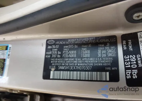 2007 Hyundai Santa Fe Limited/Se z USA, uszkodzony, nr VIN 5NMSH13EX7H070307